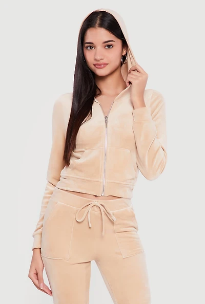 Velour Zip Front Hoodie