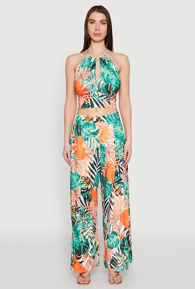 Womens Tropical Print Palazzo Pants, Multi, Size S