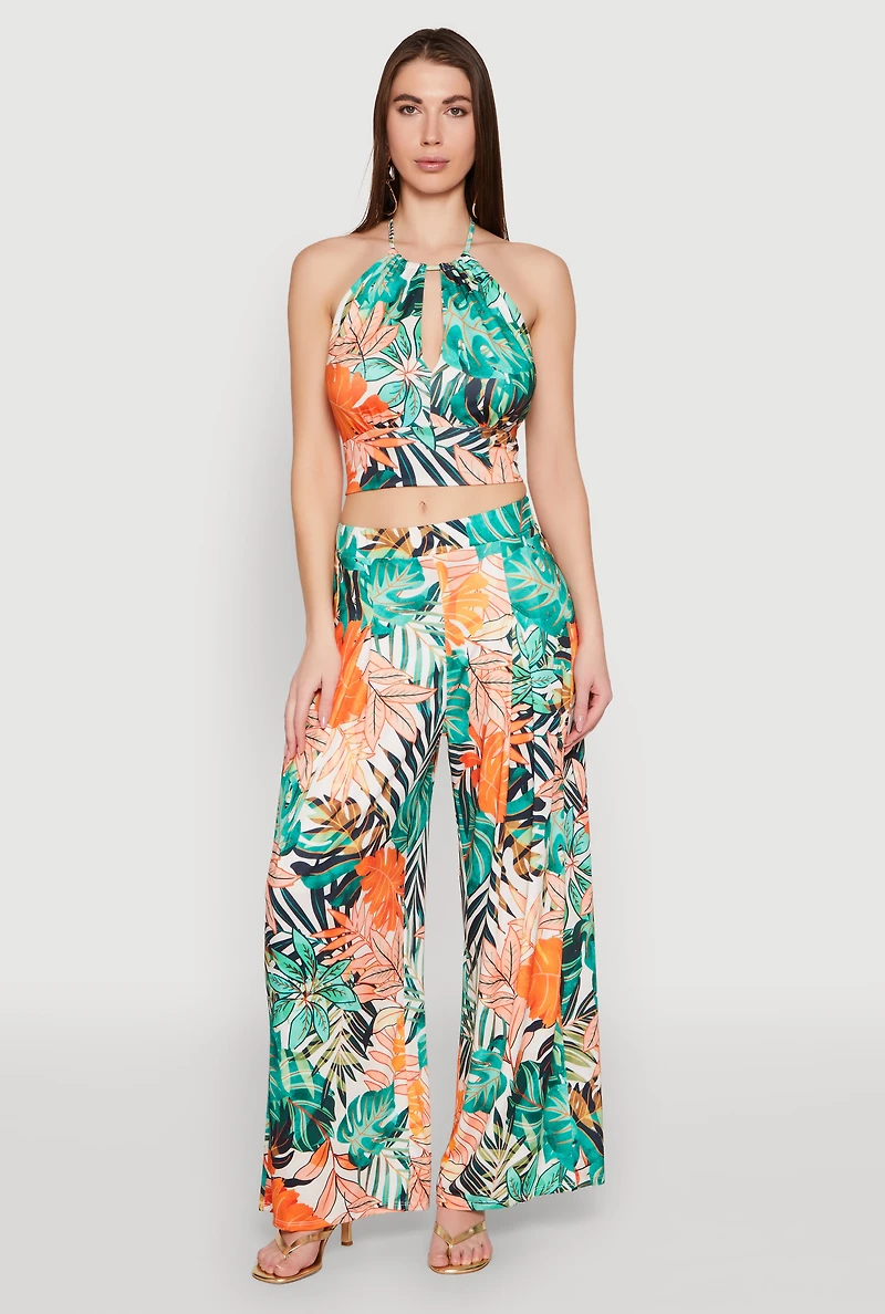 Womens Tropical Print Palazzo Pants, Multi, Size S