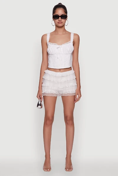 Womens Iris Mesh Lace Tiered Shorts, White, Size L