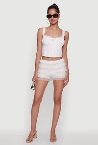 Womens Iris Mesh Lace Tiered Shorts, White, Size L