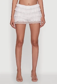 Womens Iris Mesh Lace Tiered Shorts, White, Size L