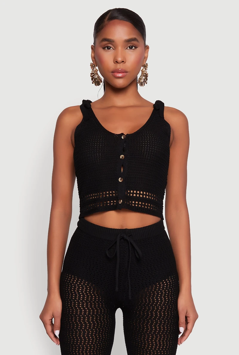 Womens Crochet Tie Sleeve Crop Top, Black, Size S