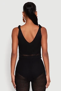 Womens Crochet Tie Sleeve Crop Top, Black, Size S