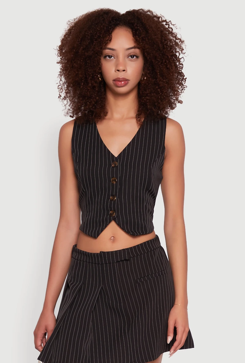 Womens Pinstripe Button Front Cropped Vest, Black, Size M