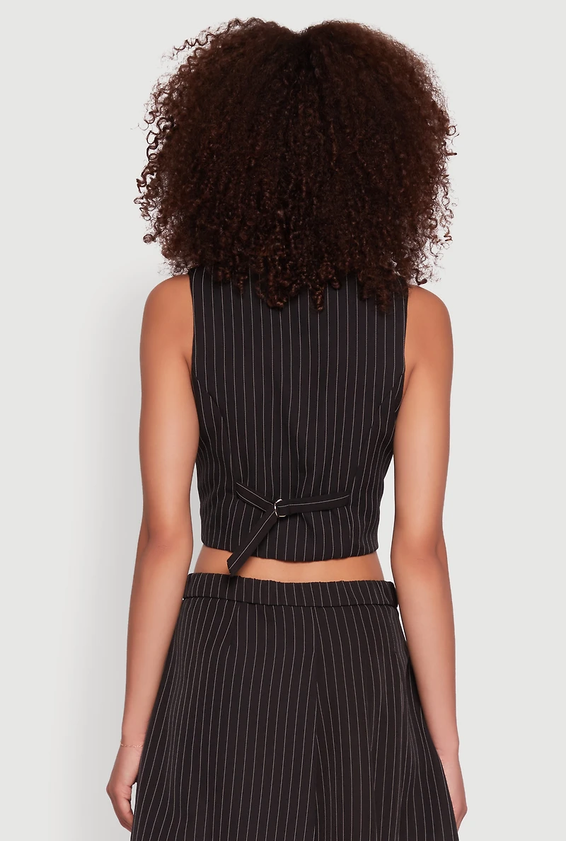 Womens Pinstripe Button Front Cropped Vest, Black, Size M