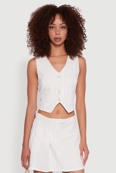 Womens Pinstripe Button Front Cropped Vest, White, Size S