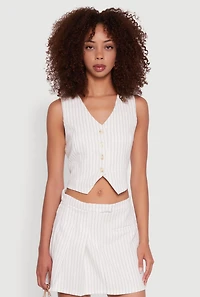 Womens Pinstripe Button Front Cropped Vest, White, Size S