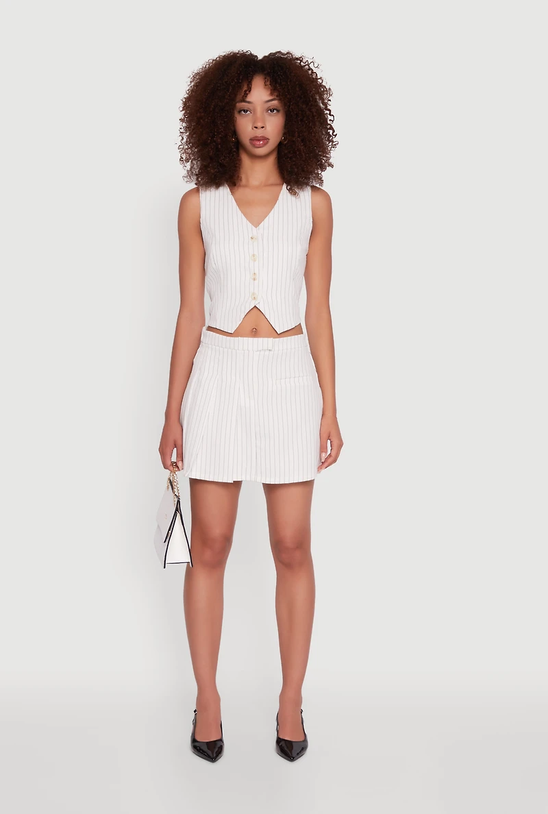 Womens Pinstripe Button Front Cropped Vest, White, Size L