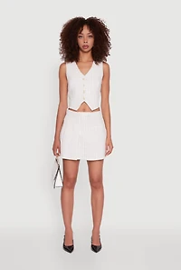 Womens Pinstripe Button Front Cropped Vest, White, Size L