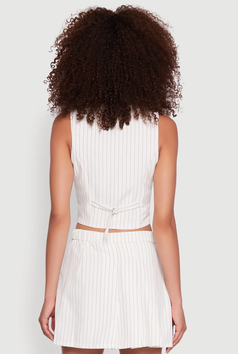 Womens Pinstripe Button Front Cropped Vest, White,