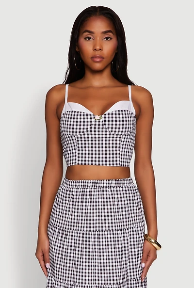 Womens Gingham Smocked Back Bustier Top, Multi, Size S