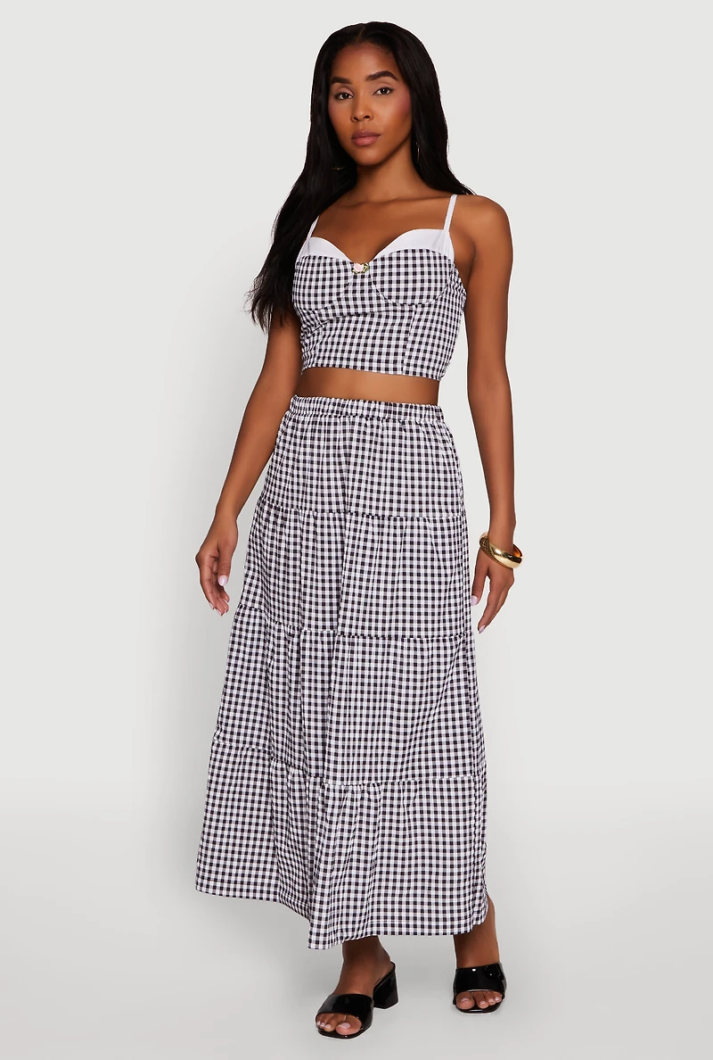 Womens Gingham Smocked Back Bustier Top, Multi, Size S