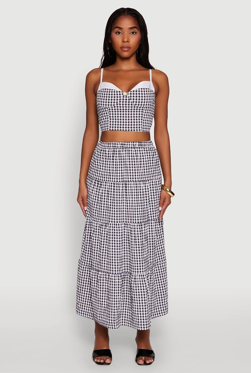 Womens Gingham Smocked Back Bustier Top, Multi, Size S