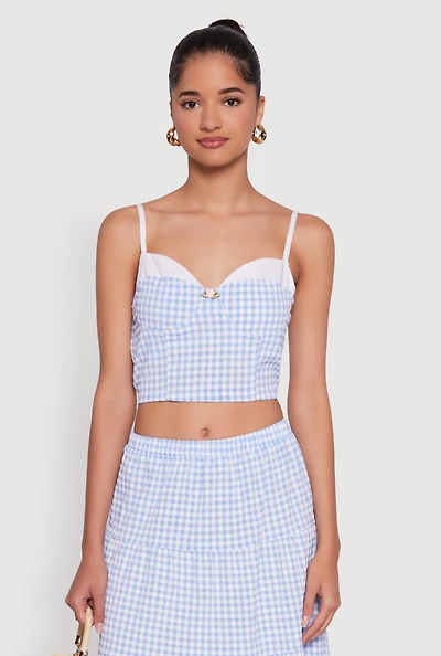 Womens Gingham Smocked Back Bustier Top, Blue, Size S