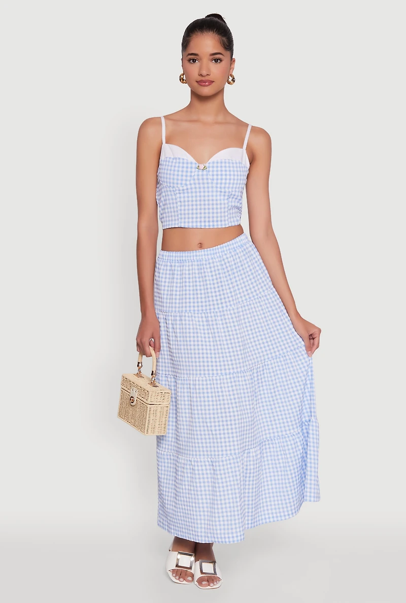 Womens Gingham Smocked Back Bustier Top, S