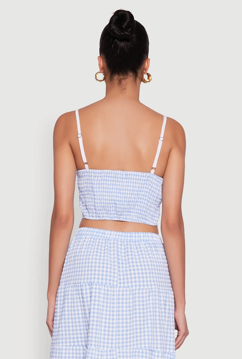 Womens Gingham Smocked Back Bustier Top, S