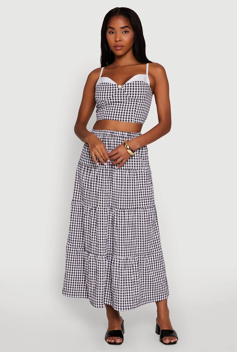 High Waisted Gingham Tiered Skirt