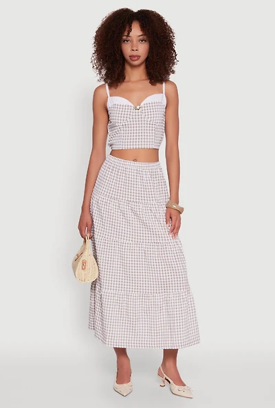 Womens High Waisted Gingham Tiered Skirt, Multi, Size M