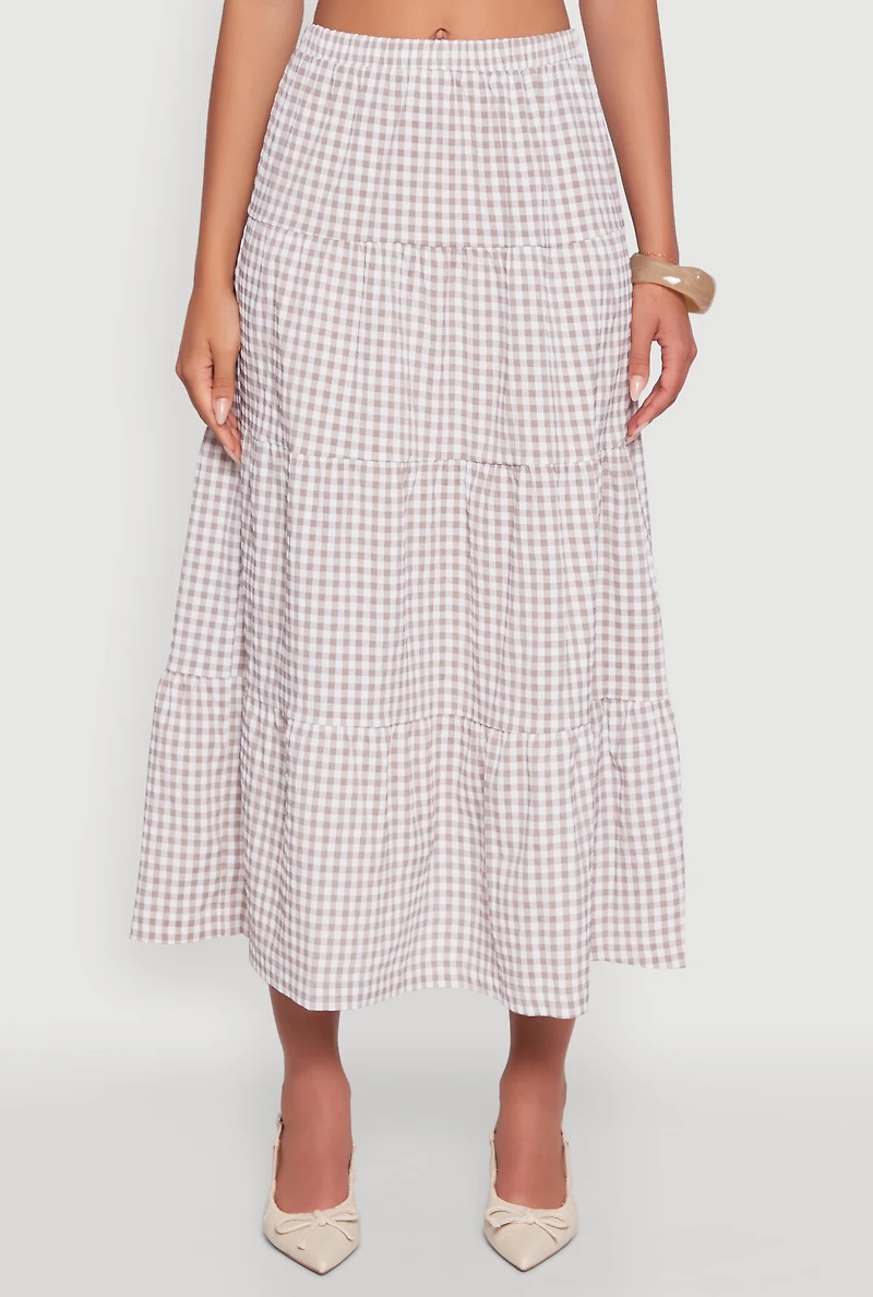High Waisted Gingham Tiered Skirt