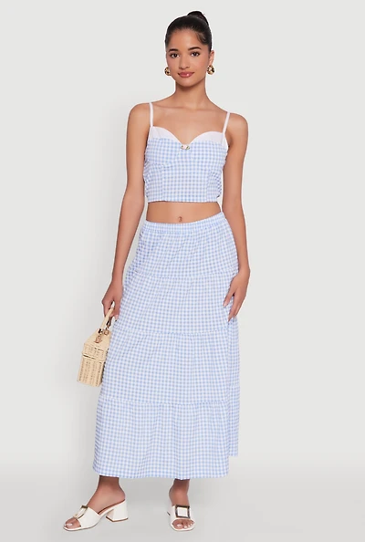 Womens High Waisted Gingham Tiered Skirt, L