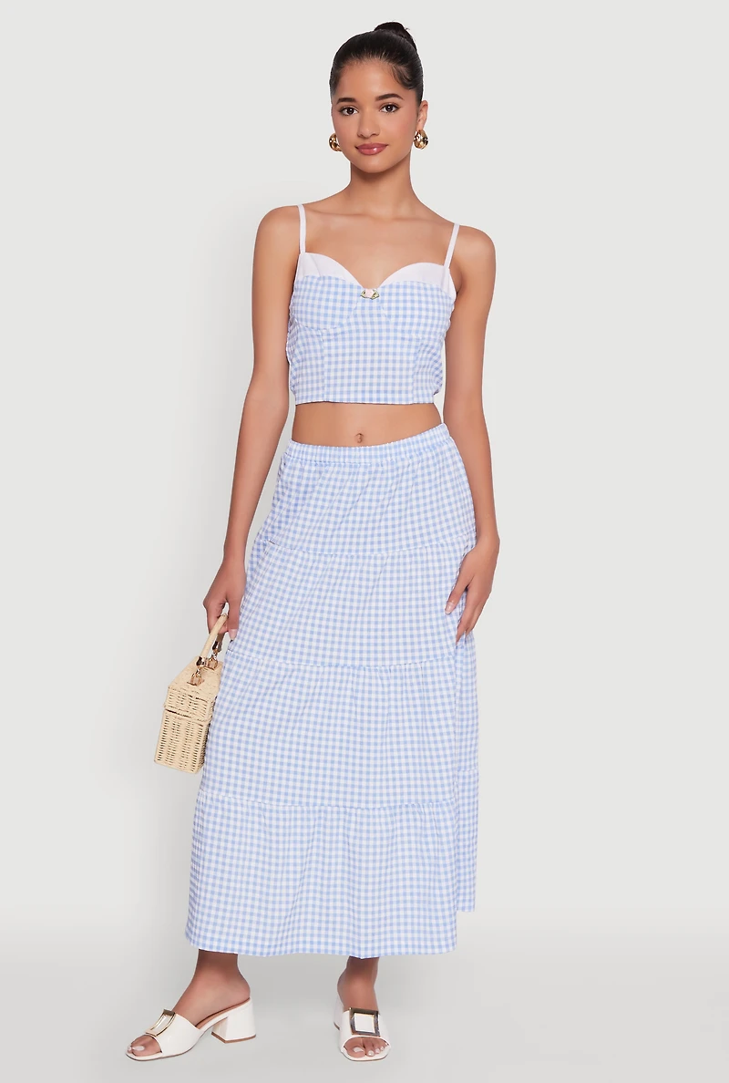 Womens High Waisted Gingham Tiered Skirt, Blue, Size M