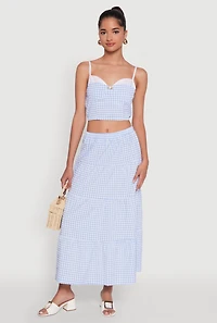 Womens High Waisted Gingham Tiered Skirt, Blue, Size M