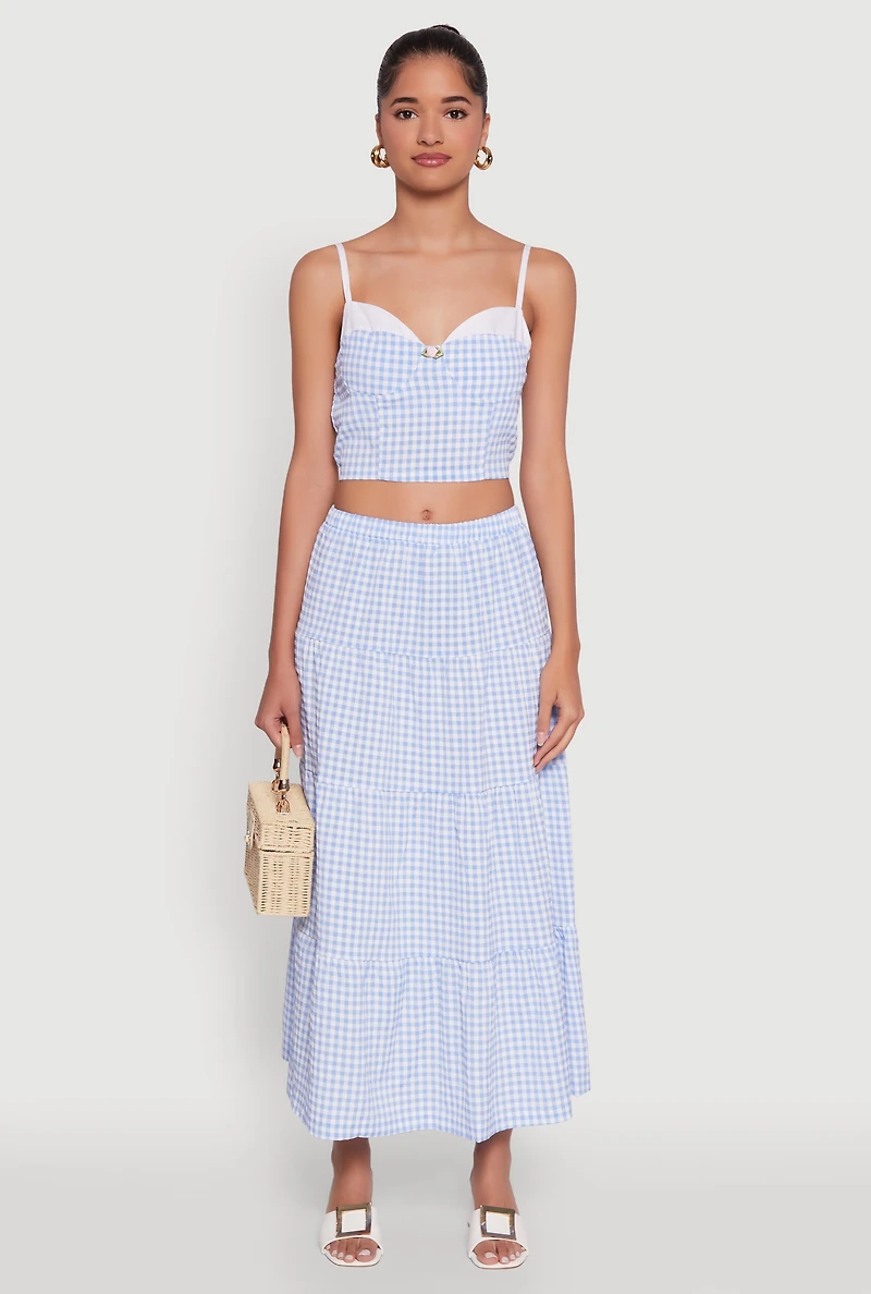 Womens High Waisted Gingham Tiered Skirt, Blue, Size S