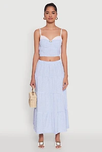 Womens High Waisted Gingham Tiered Skirt,