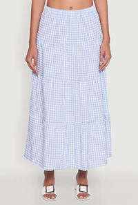 Womens High Waisted Gingham Tiered Skirt,