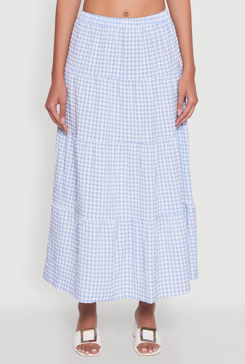 Womens High Waisted Gingham Tiered Skirt, Blue, Size S