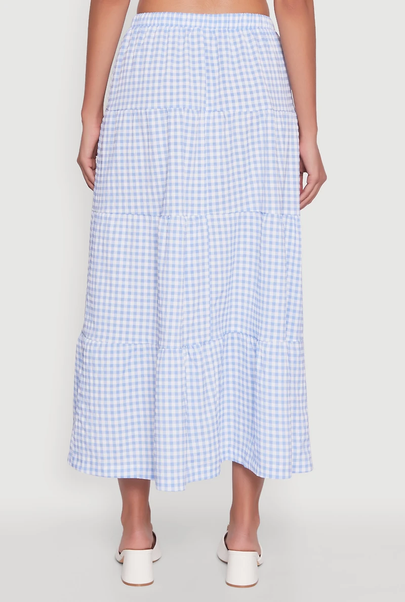 Womens High Waisted Gingham Tiered Skirt, Blue, Size S