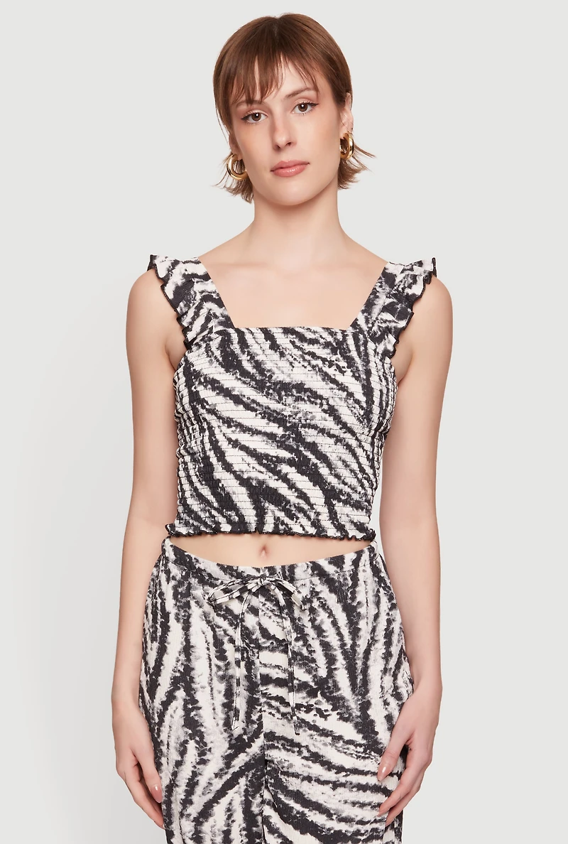 Zebra Print Smocked Crop Top with Ruffle Straps