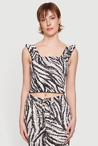 Zebra Print Smocked Crop Top with Ruffle Straps