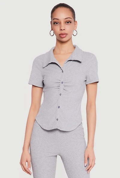 Brushed Rib Knit Ruched Button Front Shirt