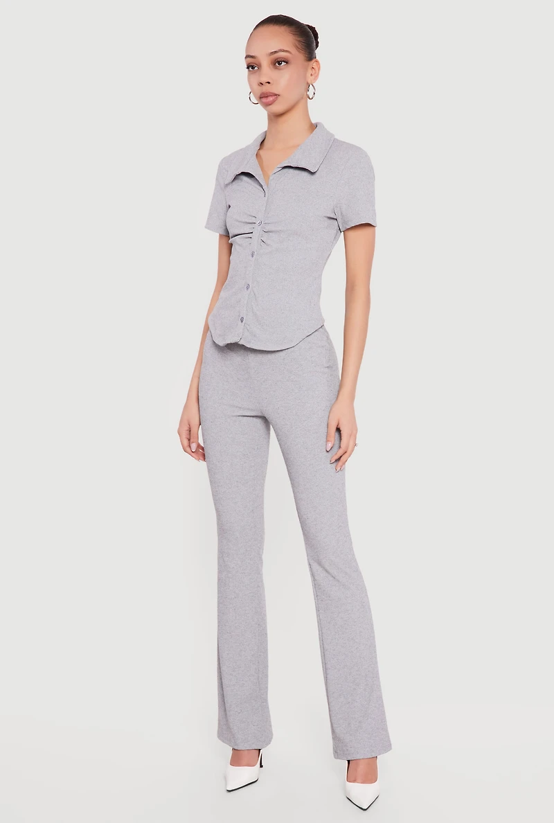 Brushed Rib Knit Ruched Button Front Shirt