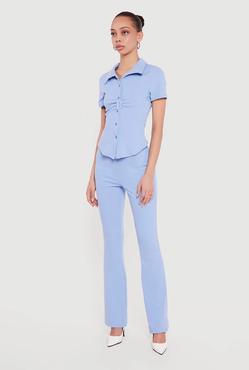 Brushed Rib Knit High Waisted Pull On Flare Pants