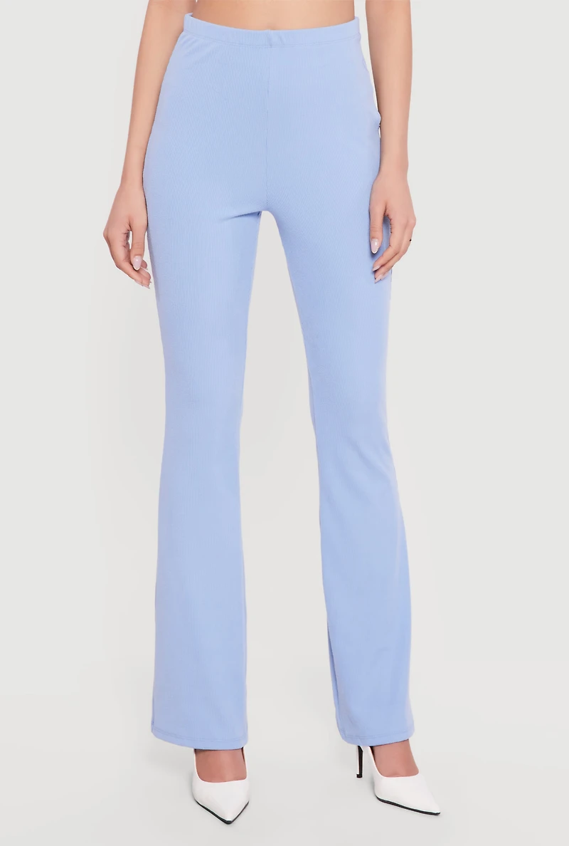 Brushed Rib Knit High Waisted Pull On Flare Pants