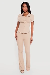 Brushed Rib Knit High Waisted Pull On Flare Pants