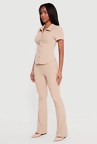 Brushed Rib Knit High Waisted Pull On Flare Pants