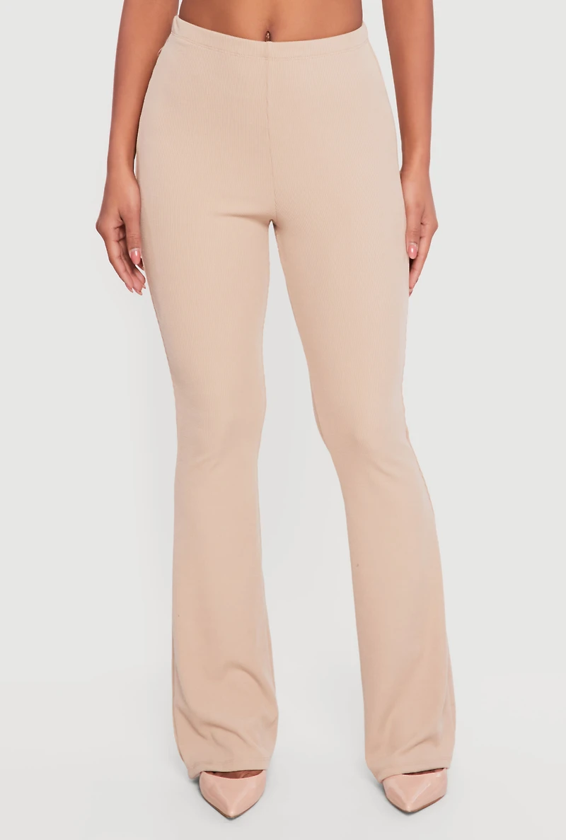 Brushed Rib Knit High Waisted Pull On Flare Pants
