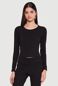 Rib Knit Long Sleeve Crew Neck Crop Top