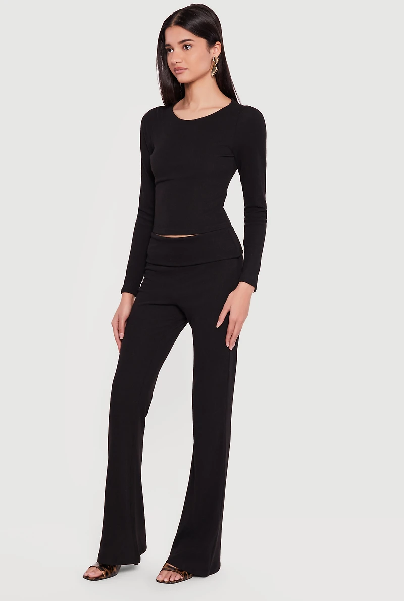 Rib Knit Long Sleeve Crew Neck Crop Top