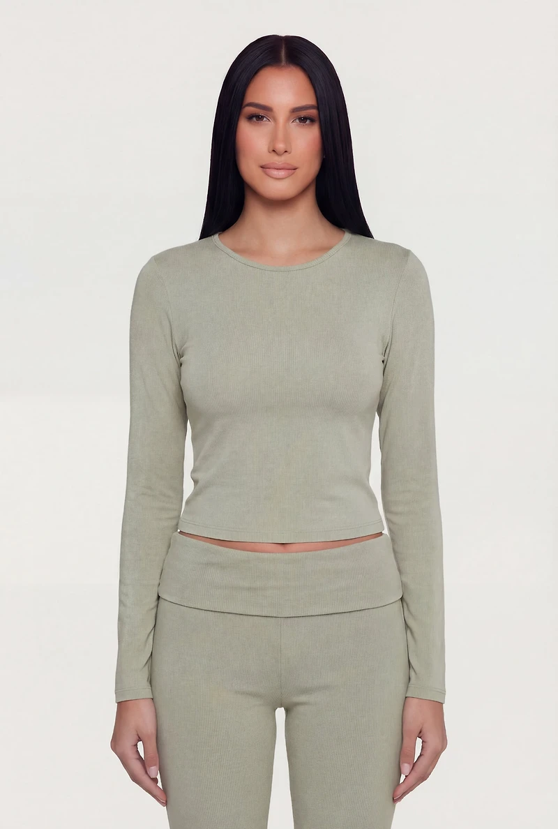 Rib Knit Long Sleeve Crew Neck Crop Top
