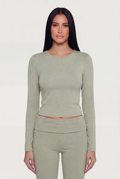Rib Knit Long Sleeve Crew Neck Crop Top