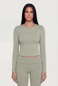 Rib Knit Long Sleeve Crew Neck Crop Top