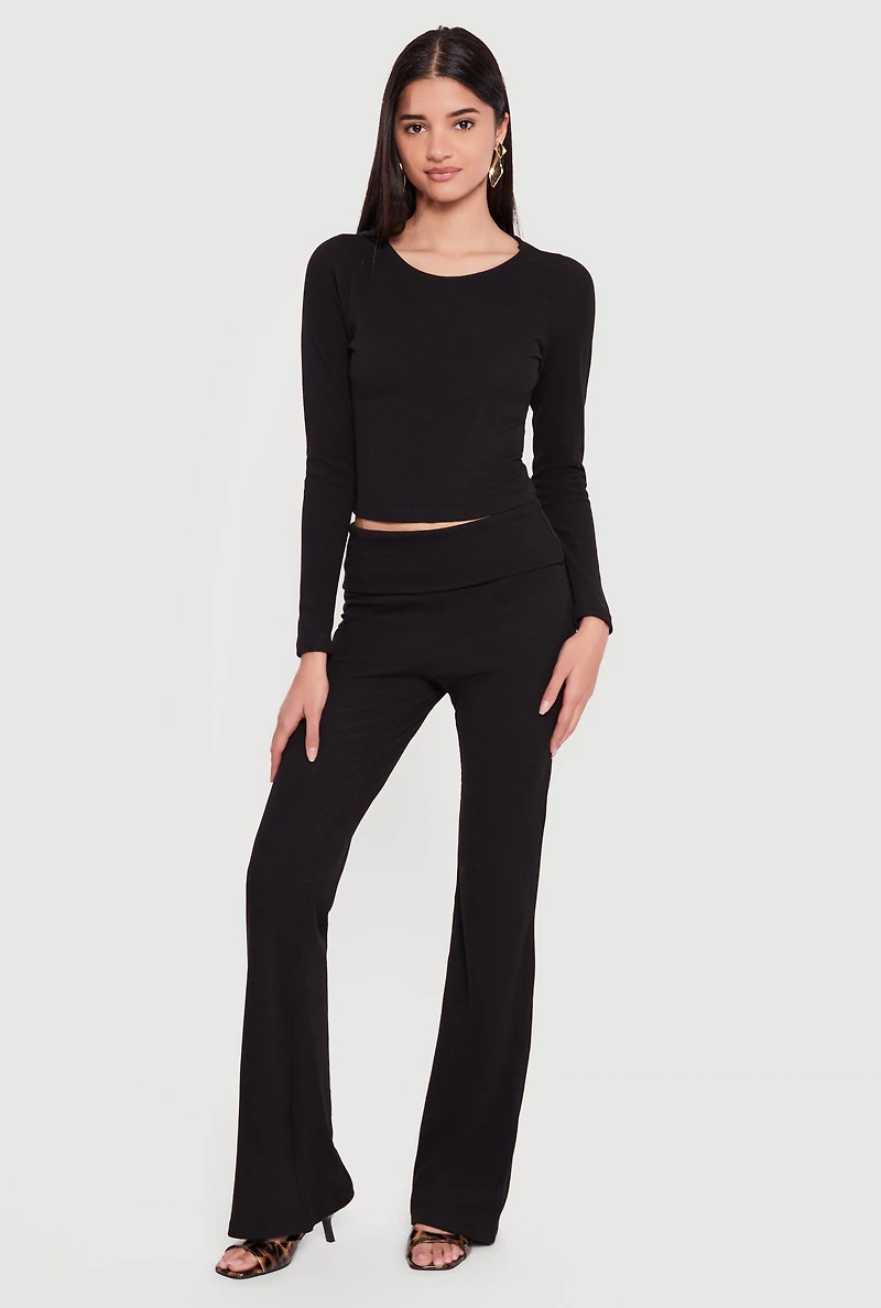 Ribbed Knit Fold Over Flare Leg Pants