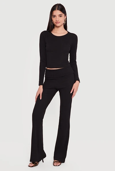 Ribbed Knit Fold Over Flare Leg Pants