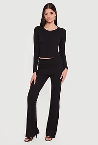 Ribbed Knit Fold Over Flare Leg Pants