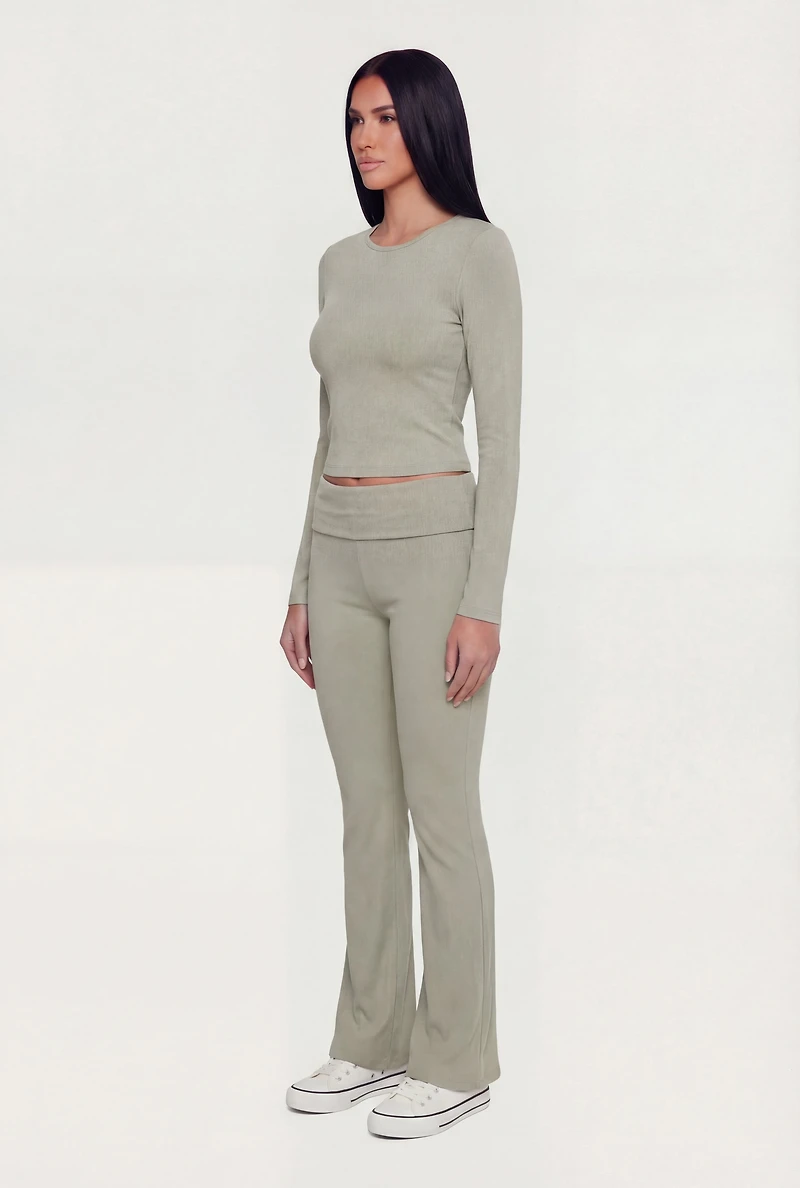 Ribbed Knit Fold Over Flare Leg Pants